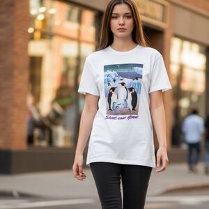 Vintage Hanes Unisex White Graphic Tee Shirt Penguins “Save Our Home” Size Large